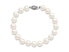 Rhodium Over Sterling Silver 9-10mm White Freshwater Cultured Pearl Bracelet