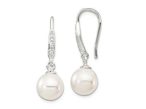 Rhodium Over Sterling Silver 7-8mm Shell Pearl and CZ Dangle Earrings ...