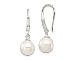 Rhodium Over Sterling Silver 7-8mm Shell Pearl and CZ Dangle Earrings