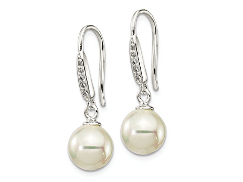 Rhodium Over Sterling Silver 7-8mm Shell Pearl and CZ Dangle Earrings