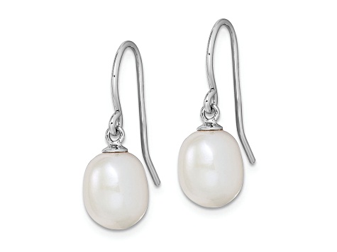 Rhodium Over Sterling Silver Polished 8-9mm Freshwater Cultured Pearl Dangle Earrings