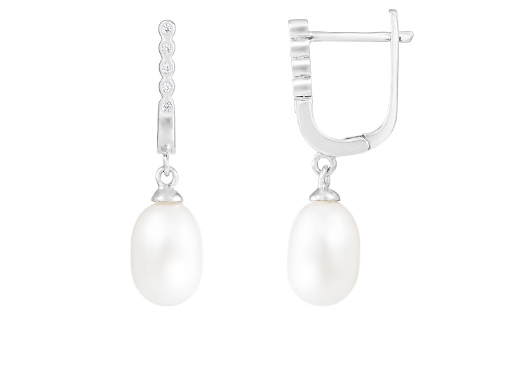 7.5-8mm White Cultured Freshwater Pearl and Cubic Zirconia Rhodium Over Sterling Silver Earrings