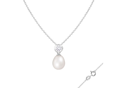 7-8mm White Cultured Freshwater Pearl Sterling Silver Pendant W/Chain