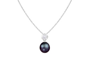 7-8mm Black Cultured Freshwater Pearl Sterling Silver Pendant W/Chain