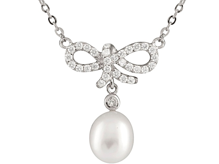8-9mm Drop White Cultured Freshwater Pearl and Cubic Zirconia Rhodium Over Sterling Silver Necklace