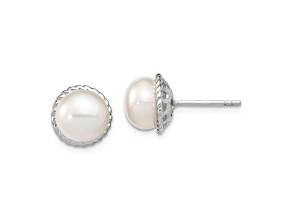 Rhodium Over Sterling Silver 8-9mm White Button Freshwater Cultured Pearl Post Earrings