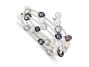 Sterling Silver 7-8mm Blk/Gry/Wht Baroque FWC Pearl and Glass Beaded 3-row Coil Slip-on Bangle
