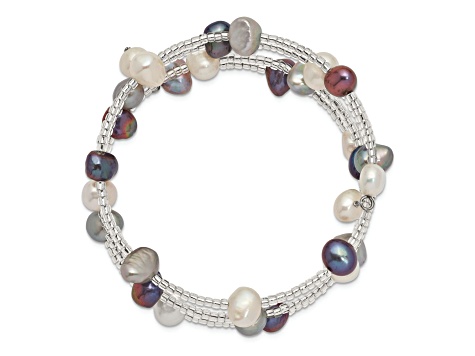 Sterling Silver 7-8mm Blk/Gry/Wht Baroque FWC Pearl and Glass Beaded 3-row Coil Slip-on Bangle