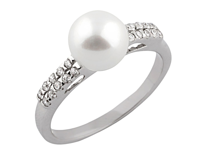 7.5-8mm White Round Cultured Freshwater Pearl and Cubic Zirconia Rhodium Over Silver Ring