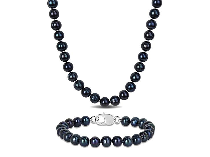 8-8.5mm Black Freshwater Cultured Pearl Strand Bracelet & Necklace Set