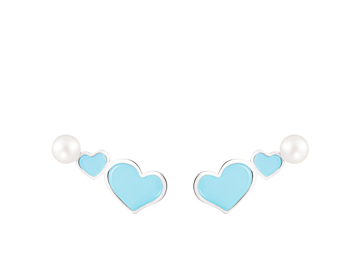 5-5.5mm White Cultured Freshwater Pearl and Enamel blue Rhodium Over Sterling Silver Earrings