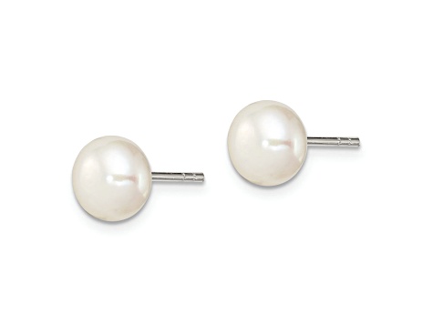 Sterling Silver White Freshwater Cultured Pearl 7-8mm Button Earrings