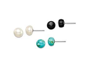 Sterling Silver 8-8.5mm Button Freshwater Cultured Pearl/Stab.Turquise/Black Agate Set