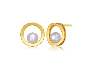 Genuine Freshwater Round Pearl, 14k Yellow Gold Plated over Sterling Silver Stud Earrings