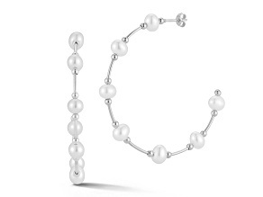 Sterling Statements Rhodium Over Sterling Silver Freshwater Pearl Station Hoop Earrings