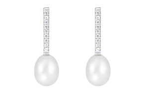 8-9mm White Cultured Freshwater Pearl and Cubic Zirconia Rhodium Over Sterling Silver Earrings