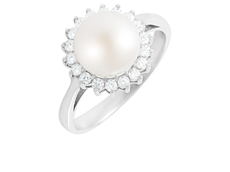8.5-9mm White Button Cultured Freshwater Pearl and Cubic Zirconia Rhodium Over Silver Ring
