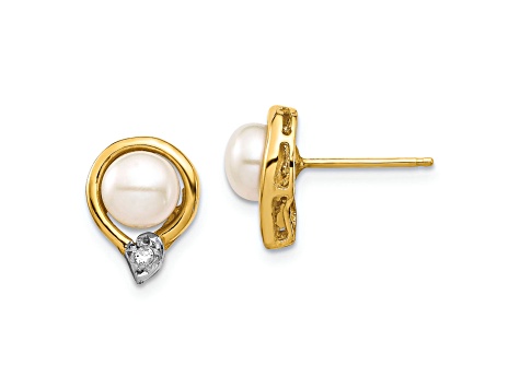 14K Yellow Gold 5-6mm White Button Freshwater Cultured Pearl 0.02ct Diamond Post Earrings