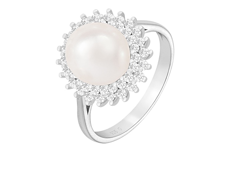 10-11mm White Button Cultured Freshwater Pearl and Cubic Zirconia Rhodium Over Silver Ring