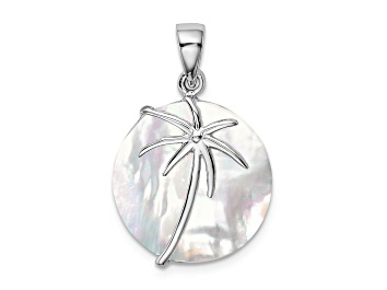Picture of Rhodium Over Sterling Silver Polished Mother of Pearl Palm Tree Pendant