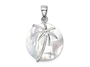 Rhodium Over Sterling Silver Polished Mother of Pearl Palm Tree Pendant