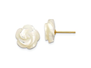 10k Yellow Gold 10mm White Mother of Pearl Flower Design Stud Earrings