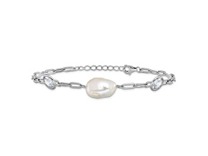Rhodium Over Sterling Silver Cubic Zirconia and Pearl Link with 0.75-inch Extension Bracelet