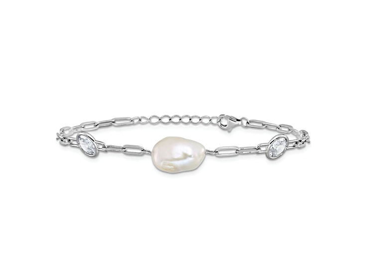Rhodium Over Sterling Silver Cubic Zirconia and Pearl Link with 0.75-inch Extension Bracelet