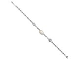 Rhodium Over Sterling Silver Cubic Zirconia and Pearl Link with 0.75-inch Extension Bracelet