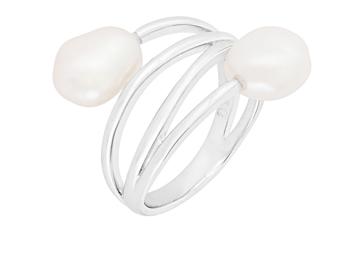 7-8mm White Keshi Cultured Freshwater Pearl Rhodium Over Silver Ring