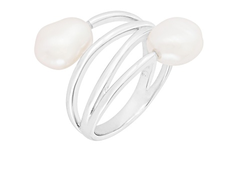 7-8mm White Keshi Cultured Freshwater Pearl Rhodium Over Silver Ring