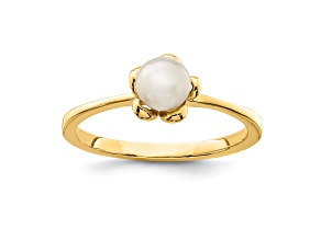 14K Yellow Gold 4-5mm White Button Freshwater Cultured Pearl Flower Ring