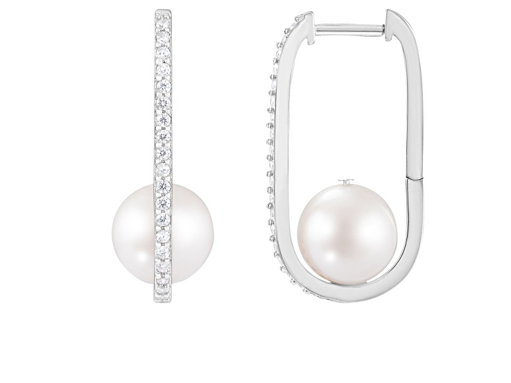 7-8mm White Cultured Freshwater Pearl and Cubic Zirconia Rhodium Over Sterling Silver Earrings