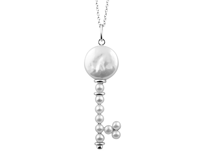 3.5-4mm Button & Coin 13-14mm White Cultured Freshwater Pearl Rhodium Over Sterling Silver Pendant
