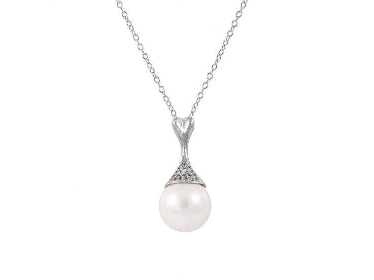 7.5-8mm Drop White Cultured Freshwater Pearl and Cubic Zirconia Rhodium Over Sterling Silver Pendant