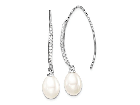 Rhodium Over Sterling Silver 7-8mm Freshwater Cultured Pearl and CZ Threader Earrings