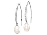 Rhodium Over Sterling Silver 7-8mm Freshwater Cultured Pearl and CZ Threader Earrings