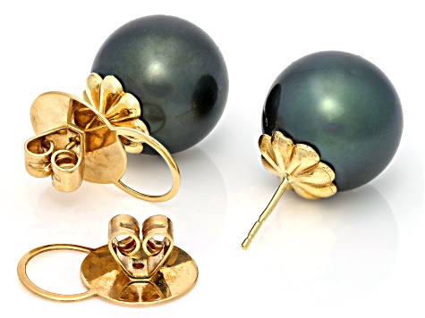 Midnight Blue Tahitian Cultured Pearl 14k Yellow Gold Earrings