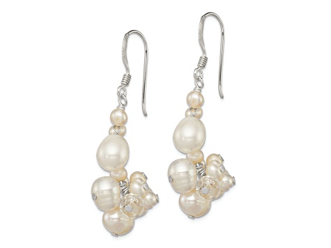 Sterling Silver Polished Crystal and Freshwater Cultured Pearl Cluster Dangle Earrings