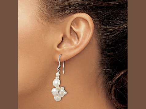 Sterling Silver Polished Crystal and Freshwater Cultured Pearl Cluster Dangle Earrings