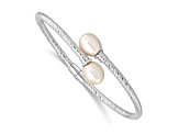 Rhodium Over Sterling Silver 8-9mm White Rice Freshwater Cultured Pearl Hinged Bangle