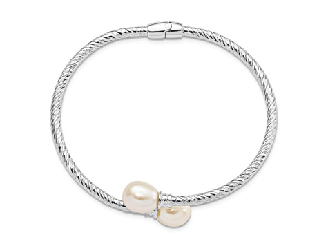 Rhodium Over Sterling Silver 8-9mm White Rice Freshwater Cultured Pearl Hinged Bangle