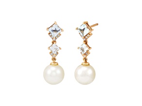 8-8.5mm Round White Freshwater Pearl with Aquamarine and Diamond 14K Yellow Gold Drop Earrings