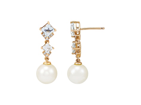 8-8.5mm Round White Freshwater Pearl with Aquamarine and Diamond 14K Yellow Gold Drop Earrings