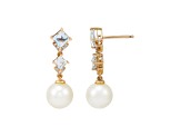 8-8.5mm Round White Freshwater Pearl with Aquamarine and Diamond 14K Yellow Gold Drop Earrings