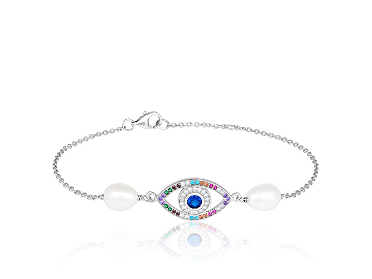 Sterling silver rhodium plated bracelet with 7.5-8mm freshwater pearls and multicolored CZS