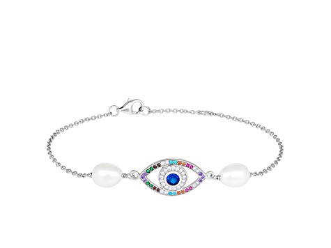 Sterling silver rhodium plated bracelet with 7.5-8mm freshwater pearls and multicolored CZS
