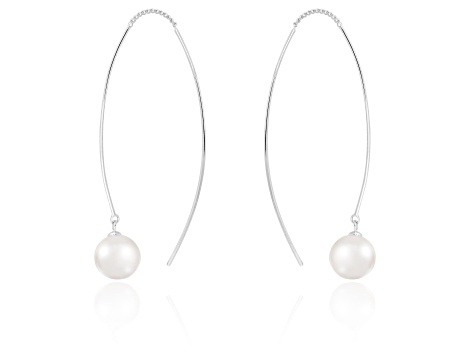 7-8mm Akoya Pearl Rhodium Over Sterling Silver Threader Earrings