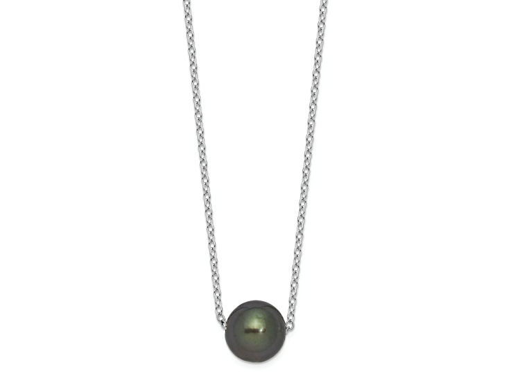 Rhodium Over Sterling Silver 8-9mm Semi-round Tahitian Saltwater Cultured Pearl Necklace
