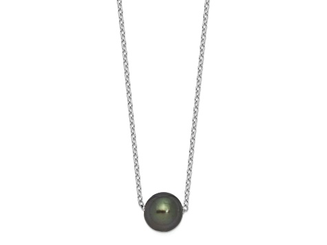 Rhodium Over Sterling Silver 8-9mm Semi-round Tahitian Saltwater Cultured Pearl Necklace